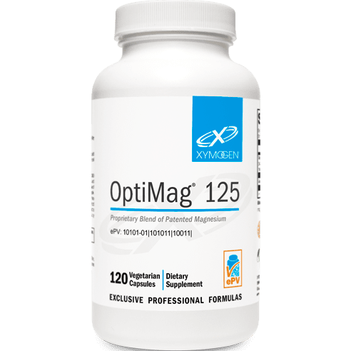 OptiMag 125 Magnesium Supplement bottle with 120 vegetarian capsules, exclusive professional formula by XYMOGEN, available at Peak Health Shop