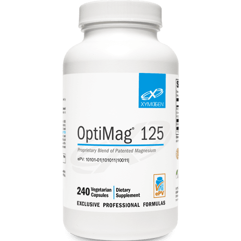 OptiMag 125 Magnesium Supplement bottle with 240 vegetarian capsules, exclusive professional formula by XYMOGEN, available at Peak Health Shop