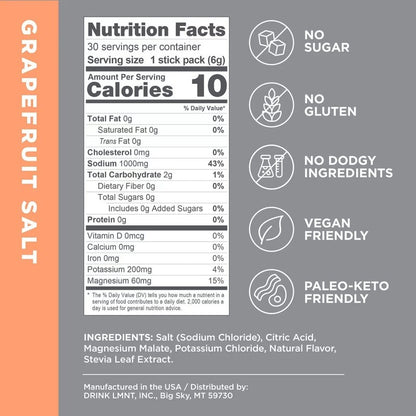 Zero-Sugar Electrolytes Grapefruit Salt (30 Stick Pack)